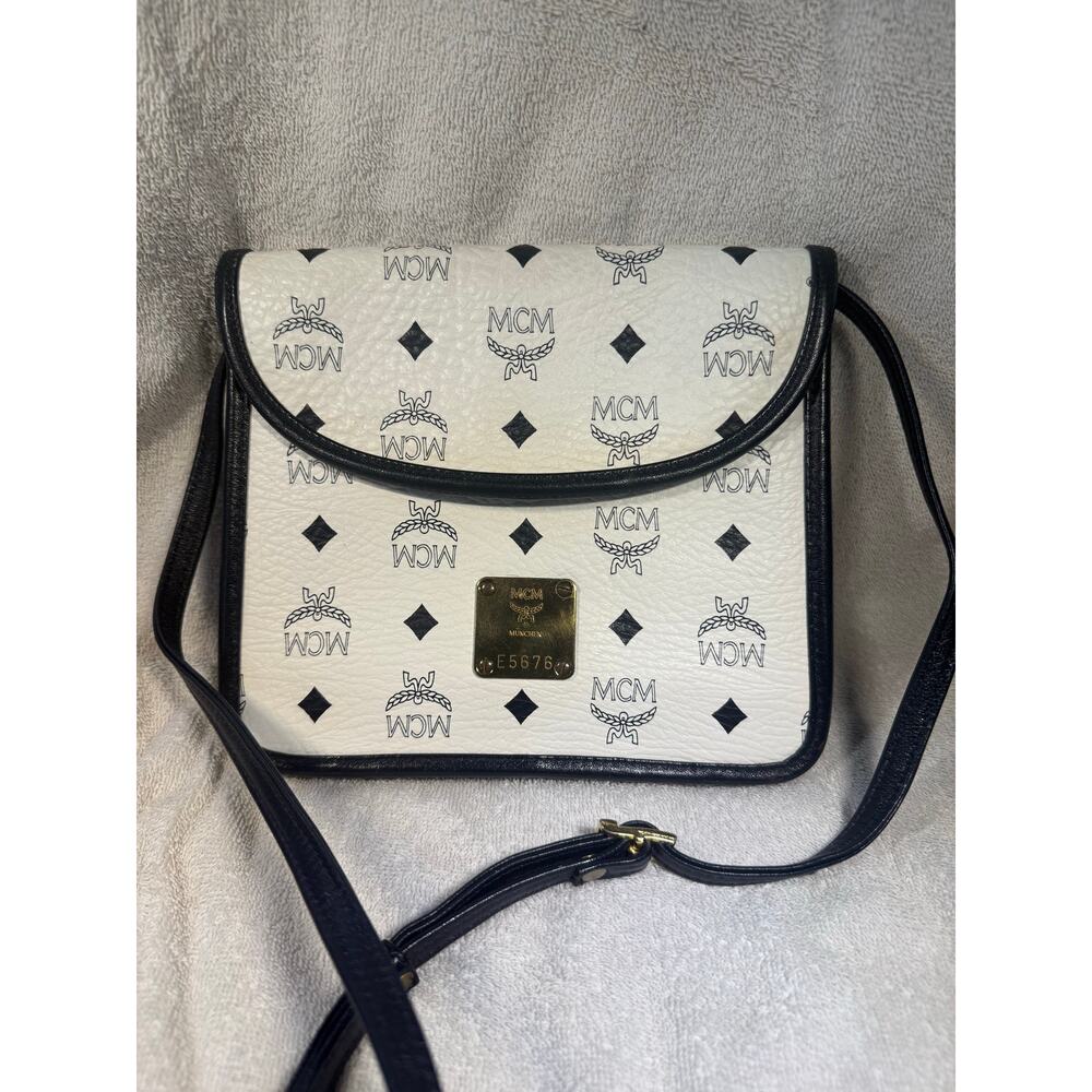 MCM Vintage White Visetos Monogram Small Flap Crossbody Bag Black Trim